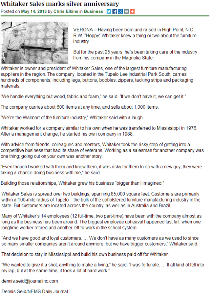 Whitaker Sales newspaper article about their silver anniversary