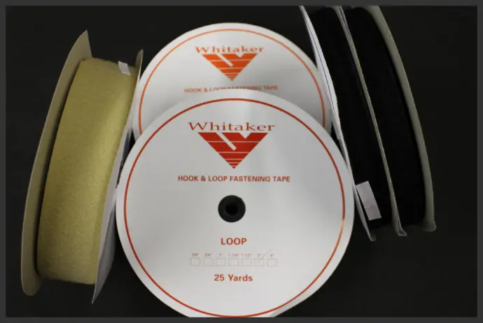 Hook and Loop inventory in several widths and colors. 5/8", 3/4", 1", 1 1/2", 2" black, white, and beige