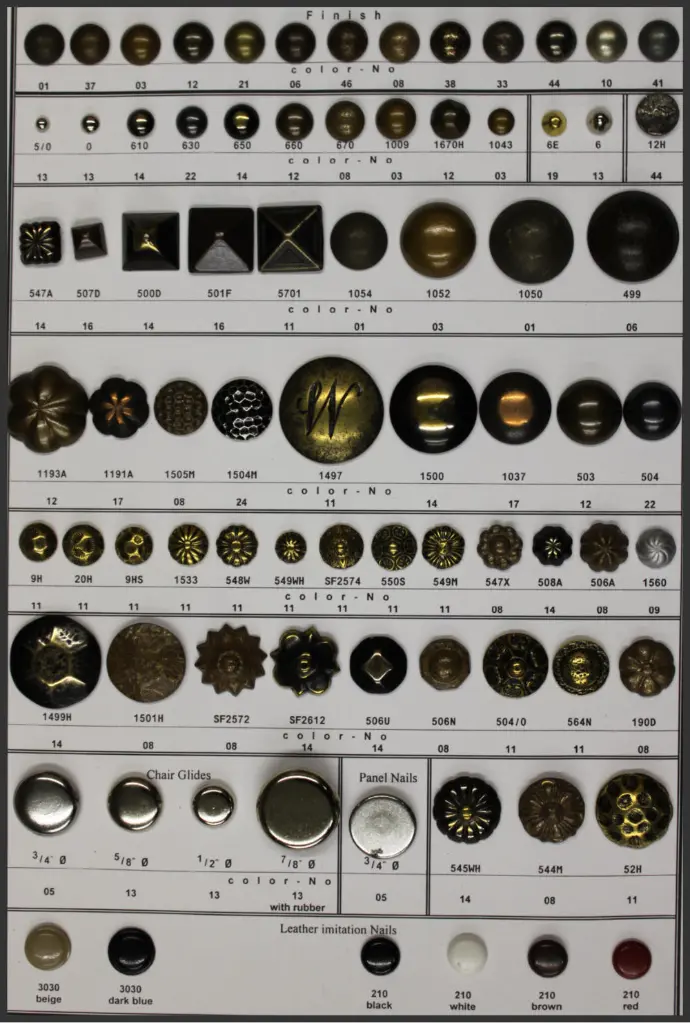  Whitaker Sales offers an extensive line of decorative nails in several finishes and sizes. We also carry continuous nailhead strips for certain styles 